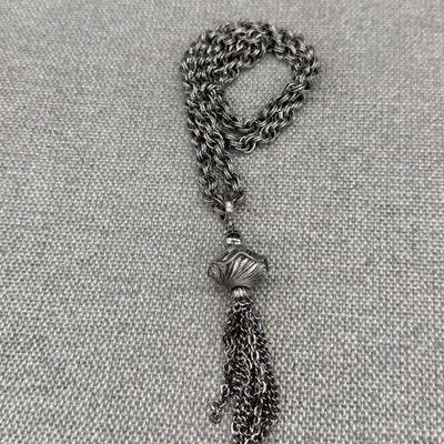 Vintage Tassel Necklace Silver Tone Pendant Triple Ring Chain 20 Inches
