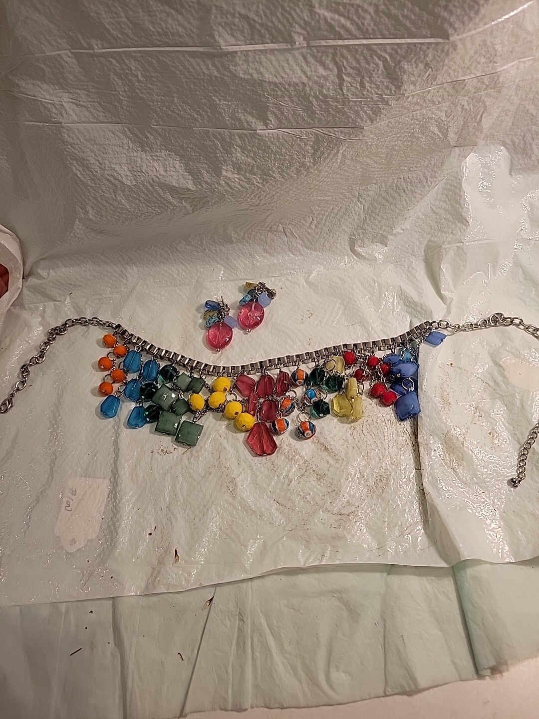 Multiple Colored Plastic Necklace With Hanging Be… - image 1