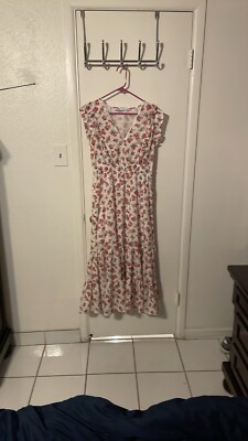 white dress with red flowers zara Zara - Floral Print Long Dress - White Red