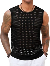 Mens Knit Sleeveless Tank Tops Hollow Out T Shirts Beach Summer See Through Tops