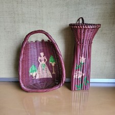 Vintage Handpainted Asian Rice Scoop and Bamboo Rattan Hanging Wall Basket Red