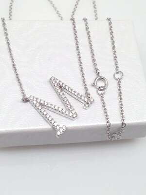925 Sterling Silver Cz Sideways Initial Letter M Pendant Necklace