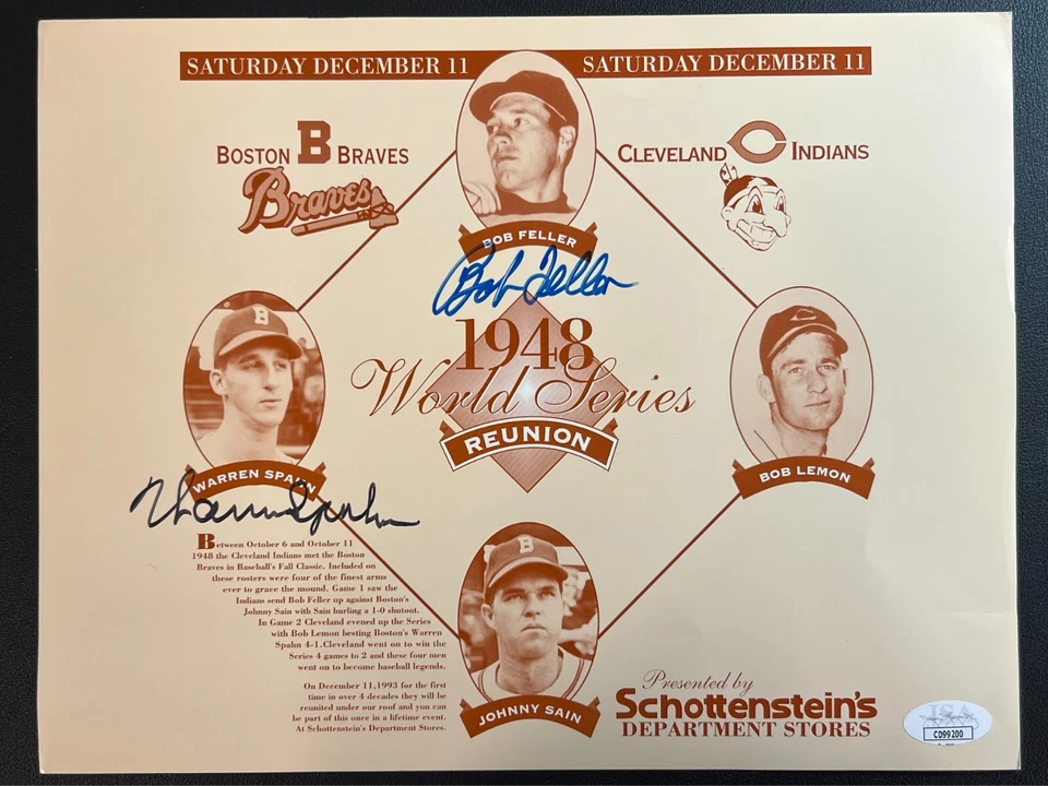 Warren Spahn & Bob Feller Signed 1948 WS Reunion JSA Braves Vs. Indians HOFers! - Image 2 of 4