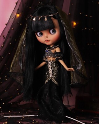 Blythe Doll Pouting Mouth BJD Outfit Black Hair Matte Face Tan Skin Cleopatra OB