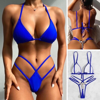 Sexy Push Up Bikini Women String Swimwear Rhinestone Thong Swimsuit Bathing  Suit