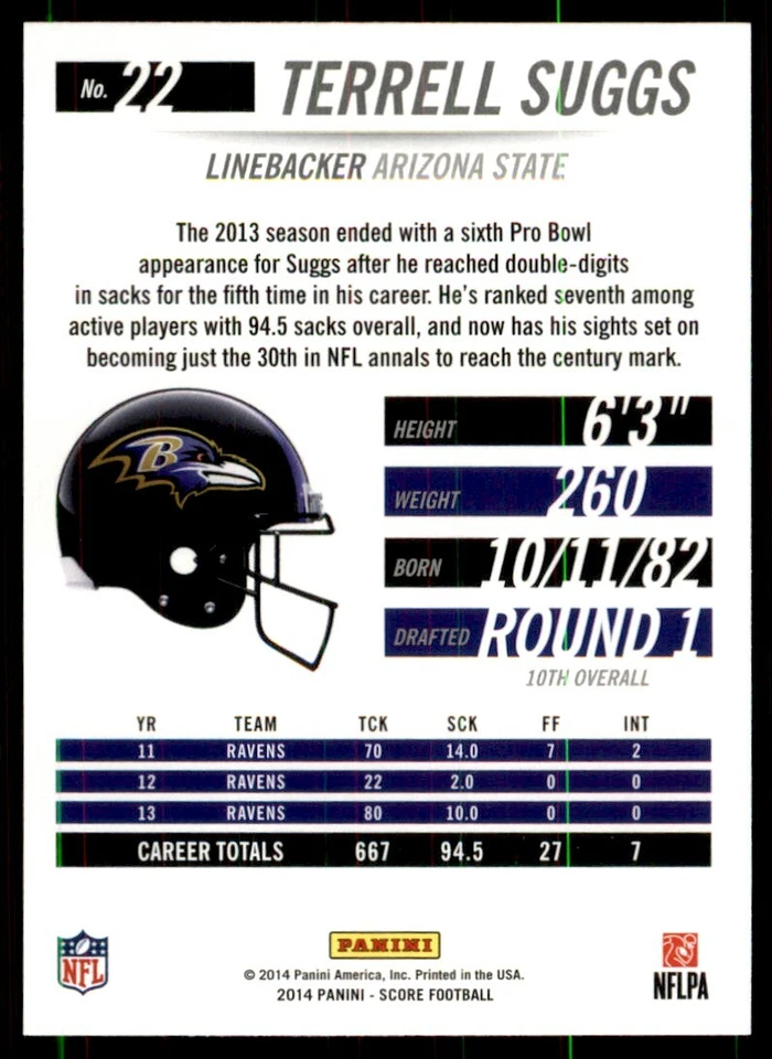 2014 Score Scorecard Terrell Suggs Baltimore Ravens #22 Parallel - Image 2 of 2