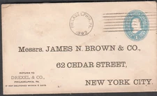1893 1c Franklin postal cover Drexel & Co Philadelphia to James N Brown Cedar NY