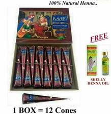 Kaveri Herbal Brown Henna Mehndi BOX OF 12 Cones FREE SHELLY OIL Wholesale Price