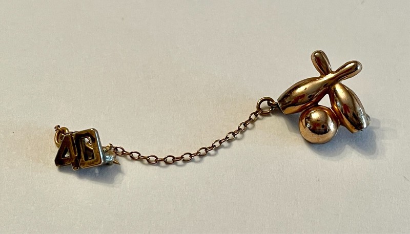 1940 Bowling Lapel Pin Sweater Pin w/Chain Vintage Goldtone