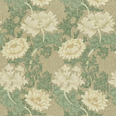 WILLIAM MORRIS VORHANGSTOFF DESIGN ''Chrysantheme'' 2,5 METER GRÜN/ELFENBEIN