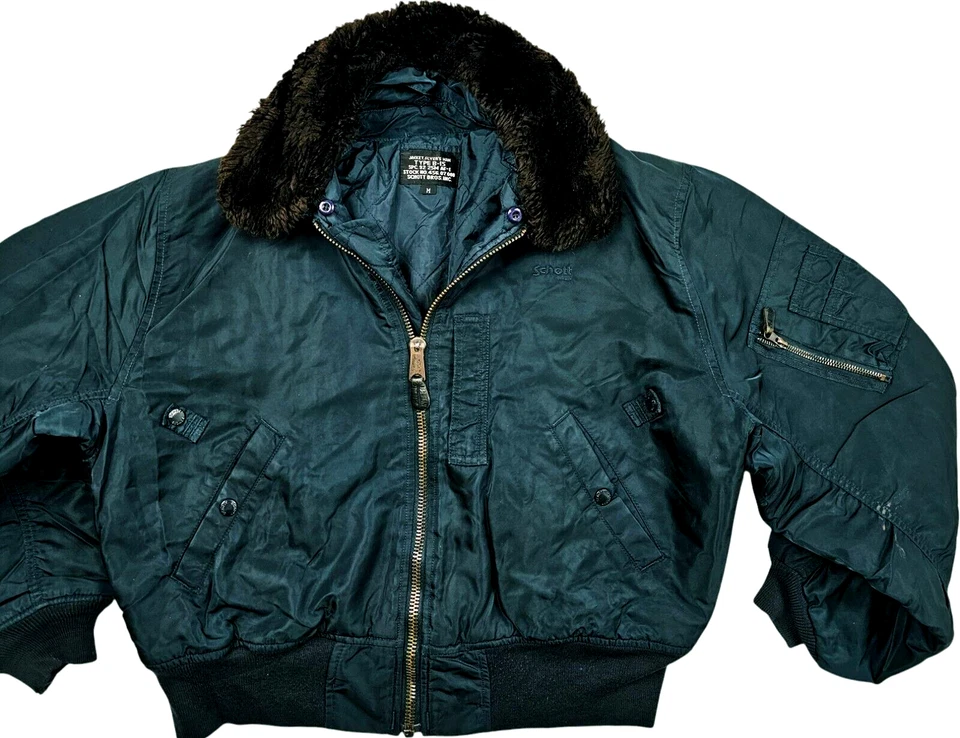 *HOT VTG Men SCHOTT FLYER'S B-15 BOMBER MILITARY FLIGHT FUR COLLAR TEAL Jacket M - Image 2 of 4