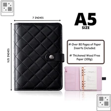💗 Luxury Black Quilt A5 Agenda Binder Planner Cash Envelope - Pink Inside