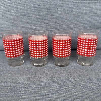 Vtg Libby Red Country Gingham JuiceGlasses Set of 4 Red/White Checkered Glass 4''