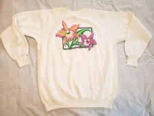 Vintage 90s Hanes Her Way White Floral Embellished Hawaii Crewneck Sweatshirt XL