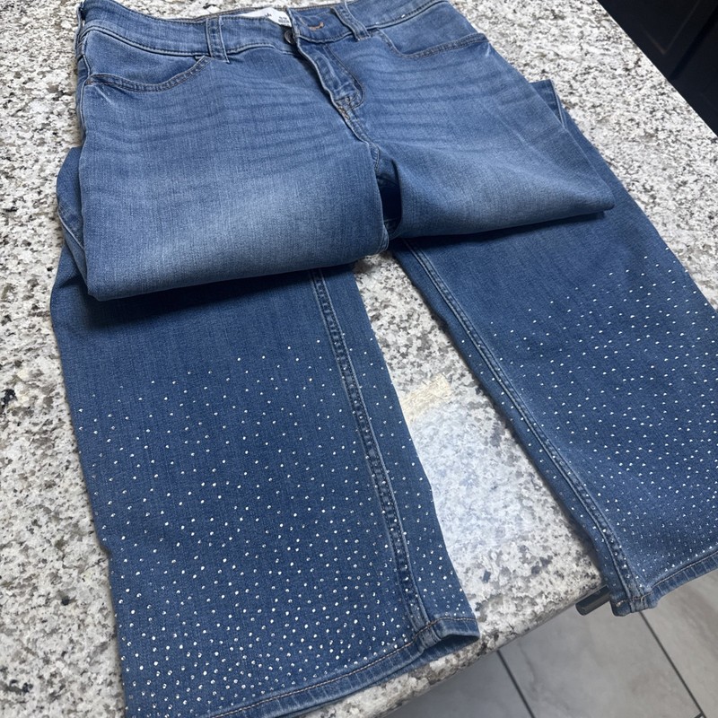 Abercrombie Girls High Rise Wide Leg Blue Stretch Jeans with rhinestones  13/14)