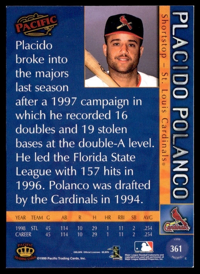 1999 Pacific Placido Polanco Rookie St. Louis Cardinals #361 - Image 2 of 2
