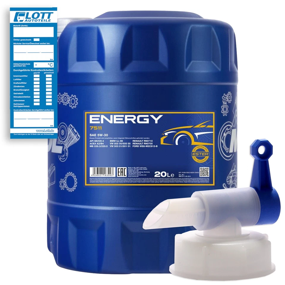 20L Mannol Energy 5W-30 Motorenöl API/SL 5W30 ÖL Motoröl + Hahn für MB VW FORD