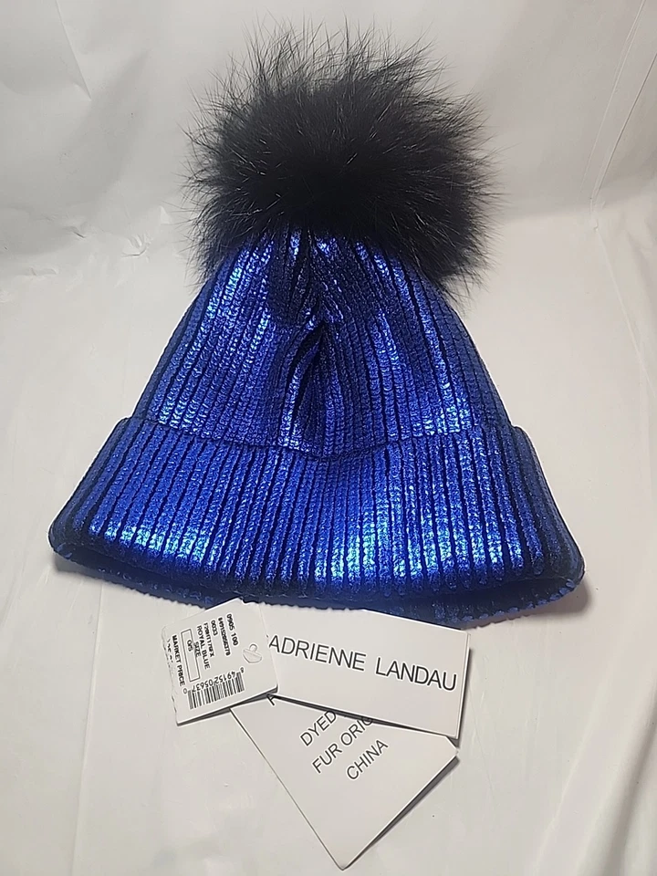 NUEVO ADRIENNE LANDAU Gorro Tejido Azul con Teñido Negro Piel de Zorro Pom 1 Talla O/S Foto 2 de 4