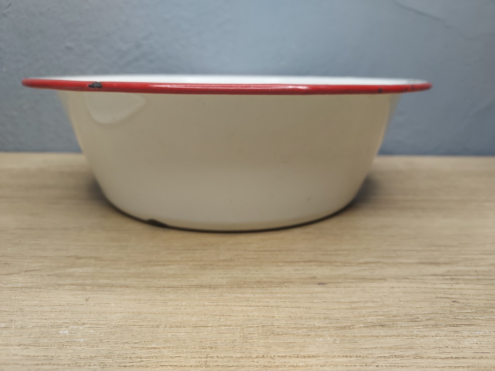 Vintage Enamelware Mixing Bowl Colander White Red Trim Strainer Cottage Kitchen