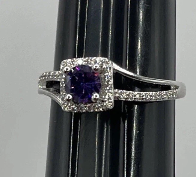 Purple Amethyst Round Stone CZ Square Halo Sterling Silver Ring Size 7.25 Women - Image 2 of 4