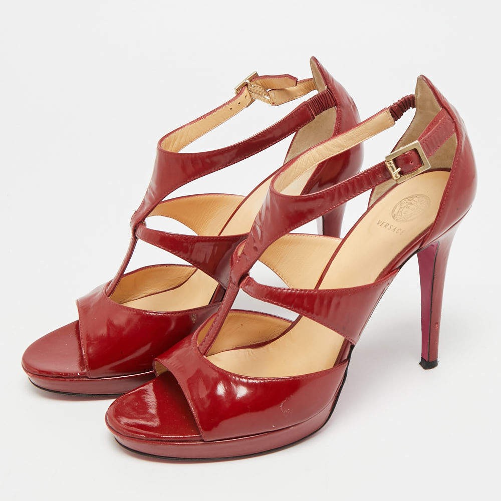 Versace Size 38 Red Patent Leather Ankle Strap Sandals thumbnail 2