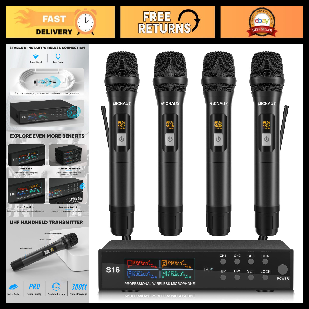 4-Channel UHF Wireless Microphone System, Metal Handheld Mics & Receiver, 300ft