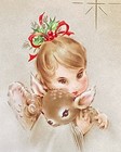 Adorable Girl Angel Hugging Baby Faun Vintage Christmas Card — photo 1