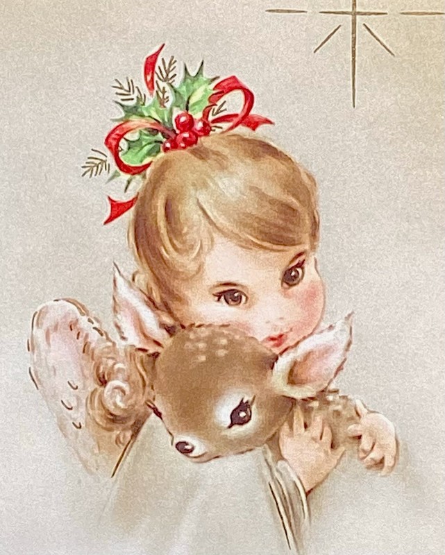 Adorable Girl Angel Hugging Baby Faun Vintage Christmas Card