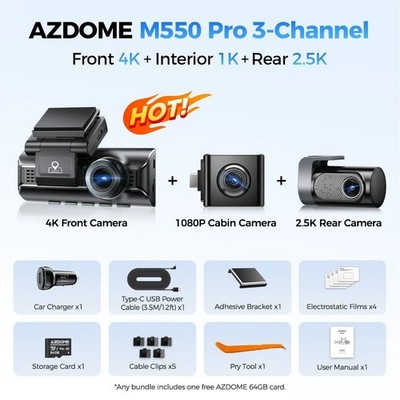 AZDOME M550 Pro 3 Kanal 4K Auto Dashcam vorne innen hinten WiFi GPS - GRATIS 64GB