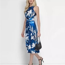 DKNY Blue White Floral Print Twisted Waist Sleeveless Midi Dress Size 14