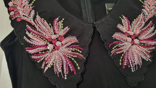 BEBE BLACK EMBELLISHED PINK LIME BEADED SEQUIN PETER PAN COLLAR FLOATY DRESS - M - Picture 2 of 4