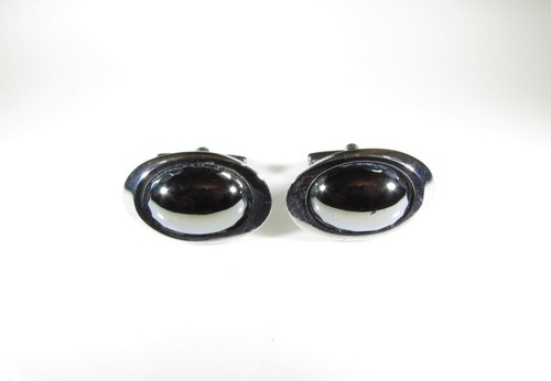 Silver Tone Cufflinks with Oval Hematite Stone - Picture 2 of 6