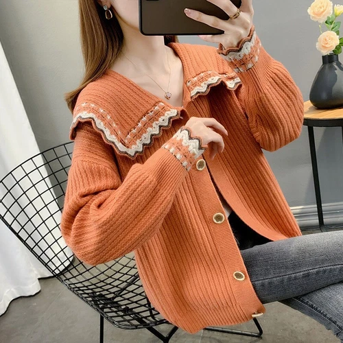 Long Sleeve Lapel Neck Collar Sweater Women Short Jacket Short Knitwear - Bild 10 von 24
