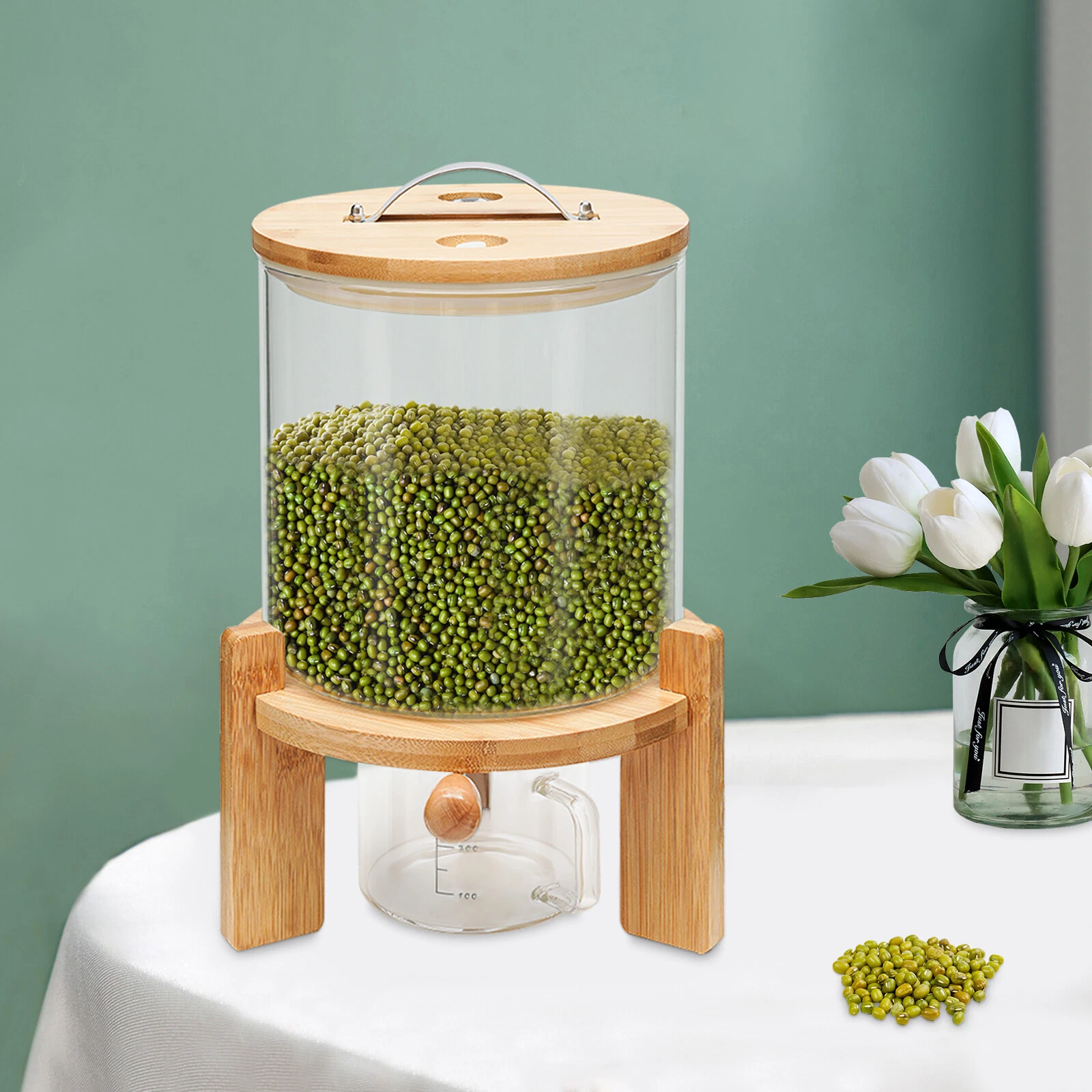 5L Cereal Dispenser Glass Rice Bean Storage Tank w/ Sealing Lid & Measuring Cup