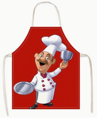 Fabric Kitchen Cooking Apron, FAT CHEF WITH WINE PLATE & PLATE COVER ON RED, TU - Picture 1 of 12