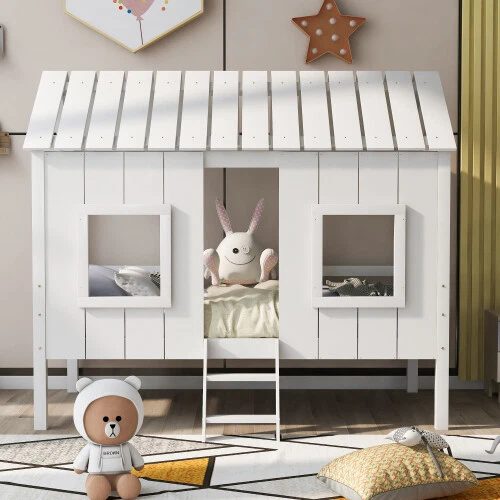 Low Loft House Bed with Roof and Windows Wooden Bed Frames Twin Size Loft Bed - Image 2 of 4