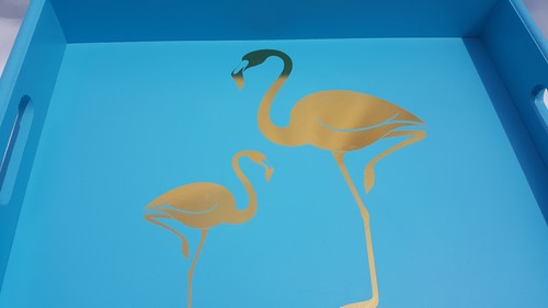 Flamingo Serving Trays Wooden Blue Gold Flamingo Design By Sixtrees Set of 2 - Picture 12 of 12