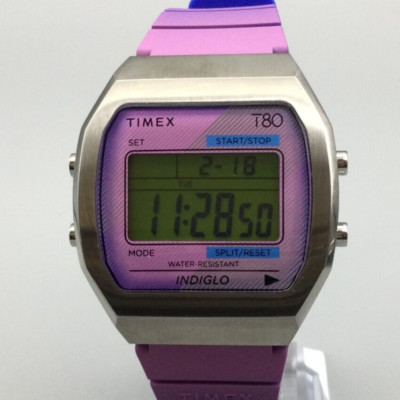 Timex T80 Retro Watch Men Indiglo 36mm Silver Tone Purple