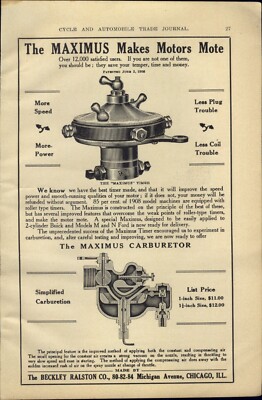 1909 PAPER AD CAR AUTO Maximus Carburetor Automobile Atlas Motor Taxicab 20 H.P.
