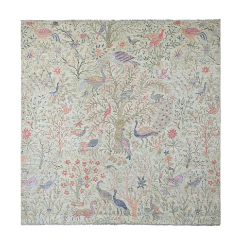 8'x8' Swamp Green Hand Knotted Peshawar Birds Design Soft Wool Square Rug R20245
