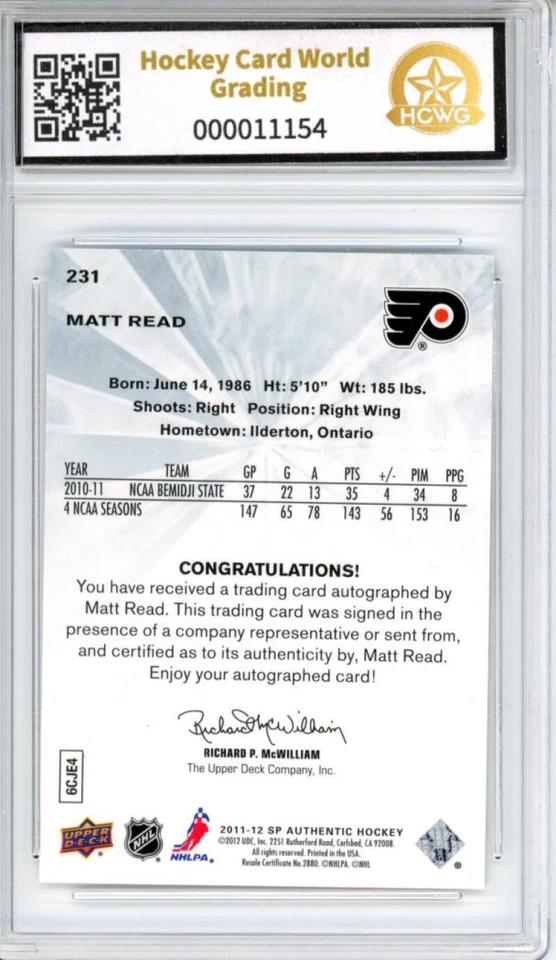 2011-12 SP Authentic #231 Matt Read Auto Rookie 597/999 Graded GEM MT HCWG 10 - Image 2 of 2