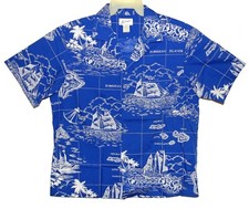 Sz XL Vin 1970s HELENA'S Aloha Shirt Poly/Cotton Chart of Hawaiian Islands Blue