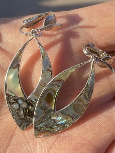 Vintage 925 Sterling Clip On Earrings w/Abalone Inlay 5.4g. Marked TR-109 Mexico - Picture 3 of 6