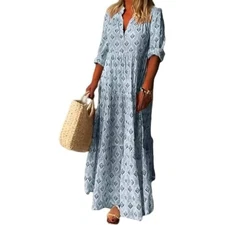 Bivenant Blue Tiered Dress Women's Long Sleeve Casual Leaf Print Flowy Bohemian