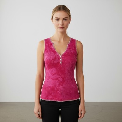NWT Vintage Y2K Me & Ko Hot Pink Tie-Dye Henley Tank Top Size L