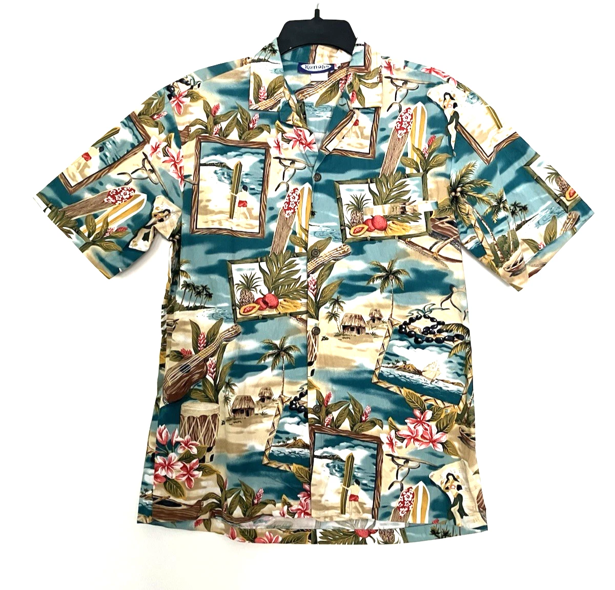 Vtg Kunahs Aloha Shirt Mens Medium Hawaiian Button Up Tropical Print Made In USA