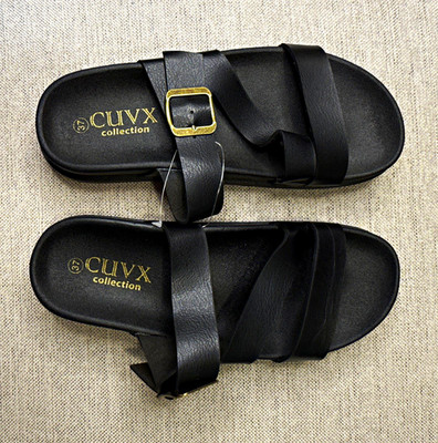 CUVX Men's Black Faux Leather Slide Sandals Buckle Adjustable Straps US 7
