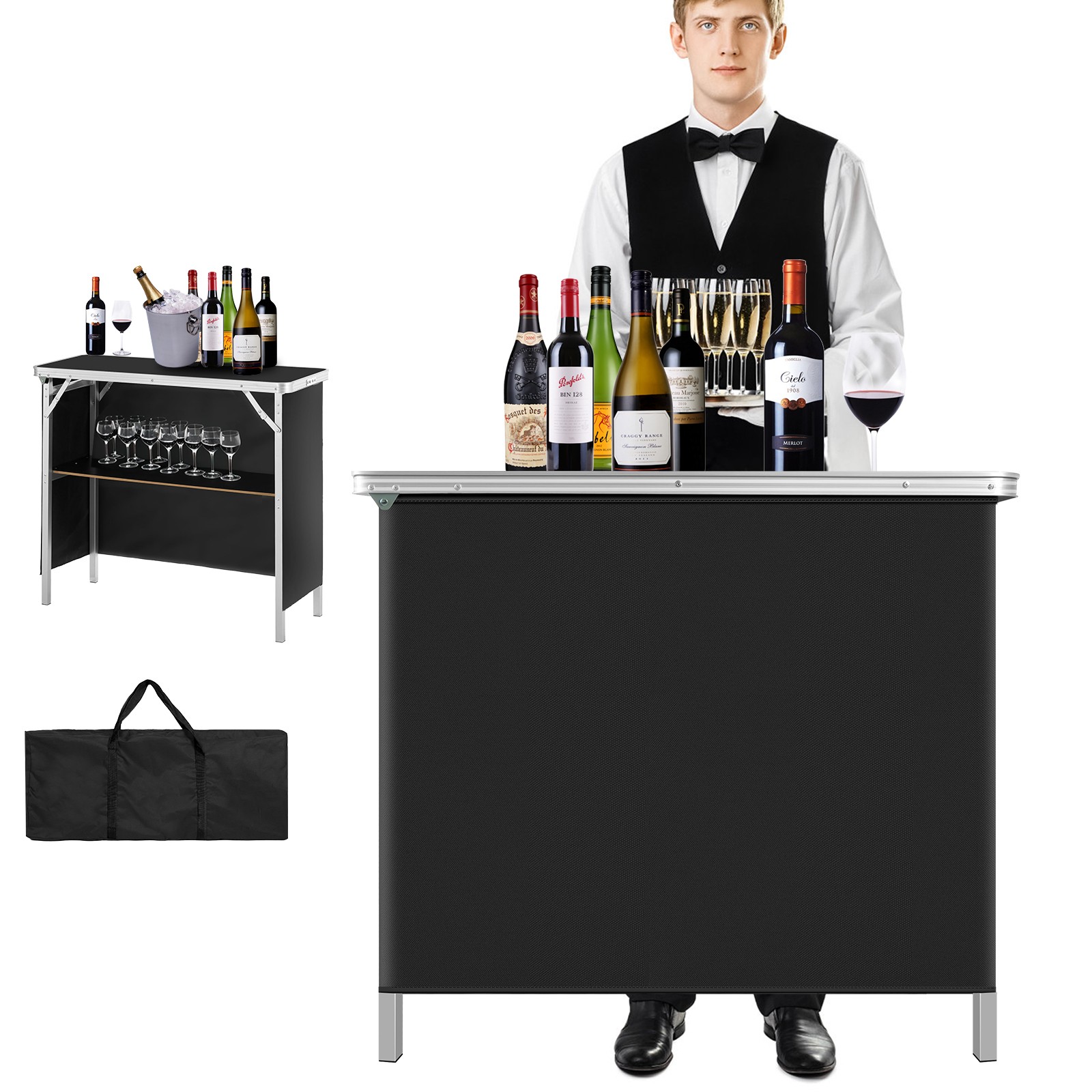 Massive 78"Portable Bar Table Folding Mobile Station With Oxford Black Skirt&Bag