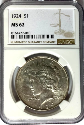 1924 $1 Peace Silver One Dollar US NGC MS62