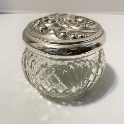 Avon Glass Vanity Jar With Ornate Silver tone Lid